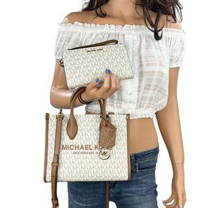 Michael Kors Mirella Small Shopper Tote Shoulder Bag + Wallet MK Vanilla Brown